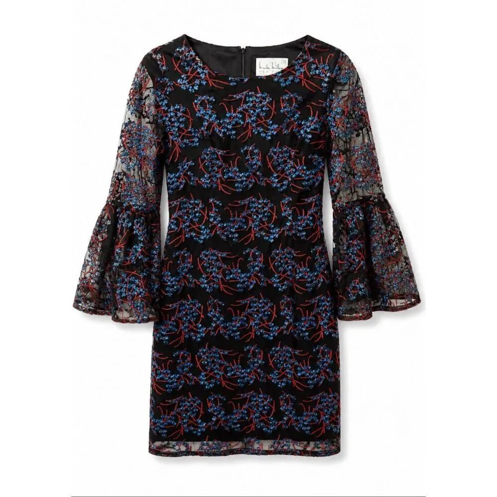 Nicole Miller Embroidered Mesh Dress Black Red Blue Sheer Bell Sleeve Cocktail S